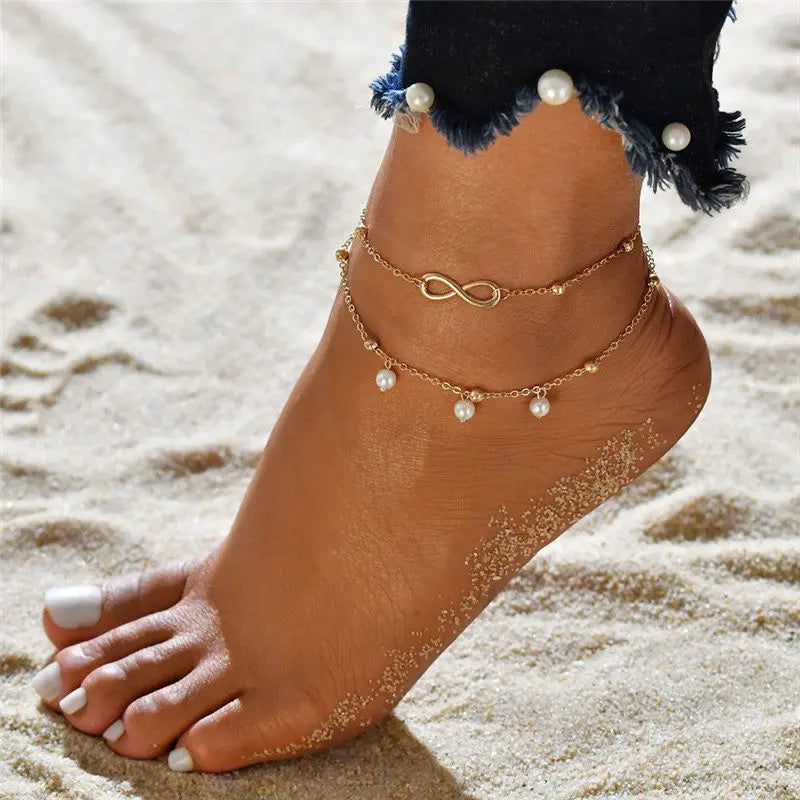 Infinity Pearl Double Layer Gold Anklet