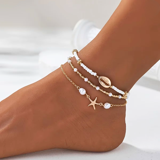 Gold Starfish Shell Charm Anklet Set