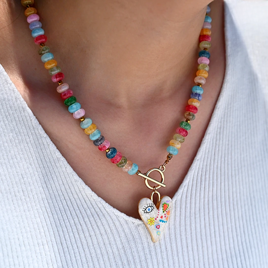 Colorful Glass Bead Doodle Heart Necklace