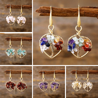 Natural Gemstone Tree Of Life Heart Earrings