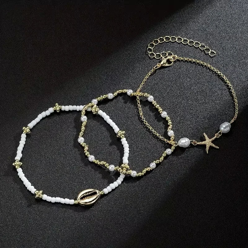 Gold Starfish Shell Charm Anklet Set