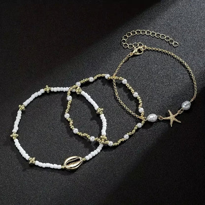 Gold Starfish Shell Charm Anklet Set